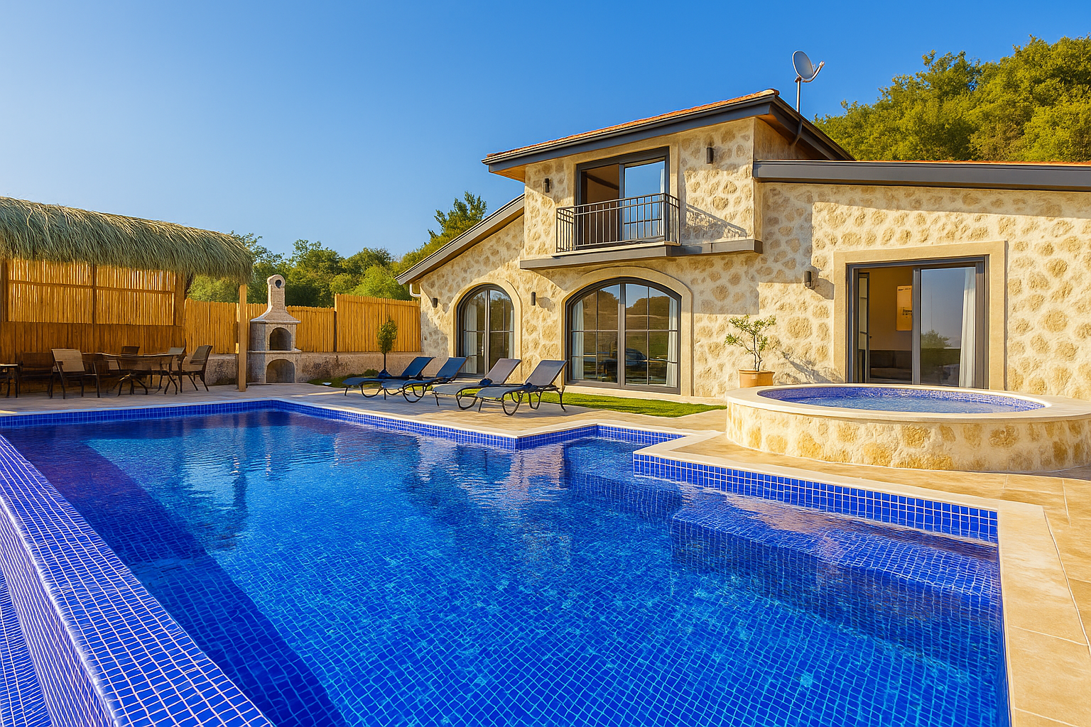 Outdoor living space with paver patio, fire feature, and pergola