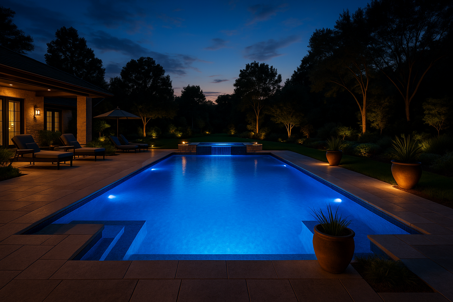 Custom in-ground pool with surrounding stone deck
